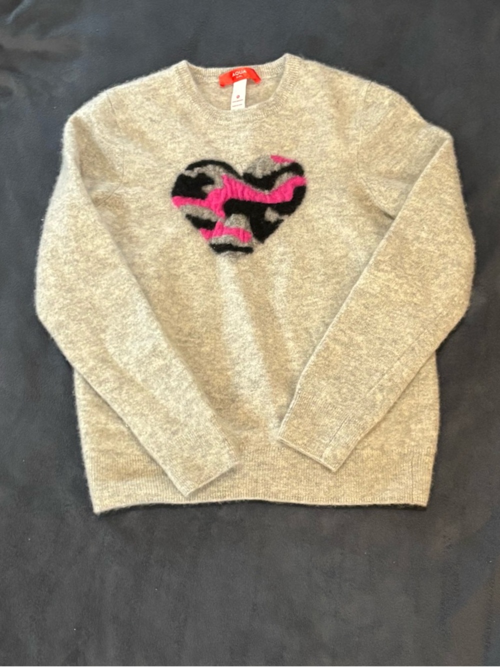 Aqua Heather Gray Crewneck Sweater with Black and Hot Pink Heart